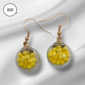 Yellow Bead Glass Globe Dangle Earrings | Gold Hook Handmade Jewelry